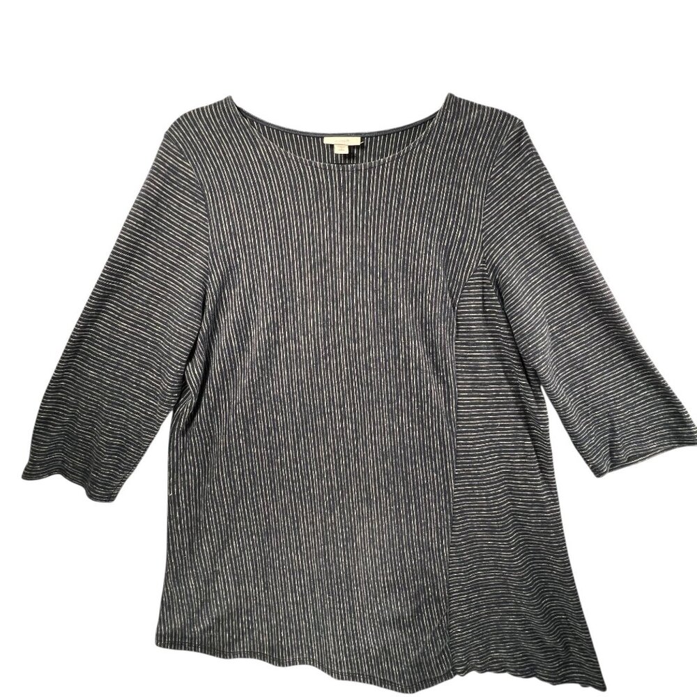 Pure Jill PL 3/4 Sleeve Striped Tunic Top Hemp Organic Cotton Blue Asymmetrical